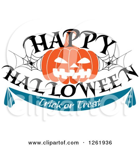 Clipart of a Happy Halloween Trick or Treat Design with a Jackolantern and Spider Webs - Royalty Free Vector Illustration by Vector Tradition SM