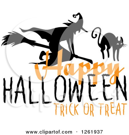 Clipart of a Happy Halloween Trick or Treat Design with a Witch and Cat - Royalty Free Vector Illustration by Vector Tradition SM
