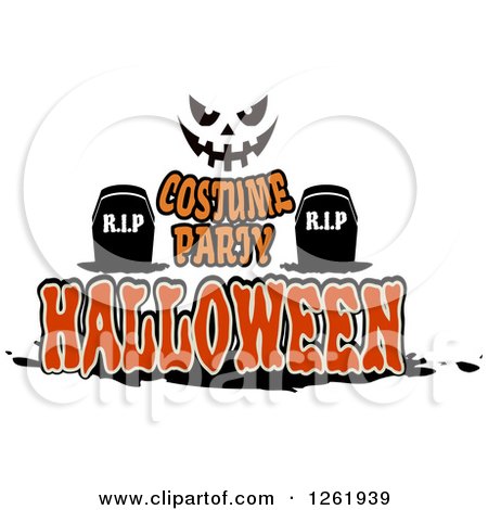 Clipart of a Jackolantern Face over Tombstones and Costume Party Halloween Text - Royalty Free Vector Illustration by Vector Tradition SM