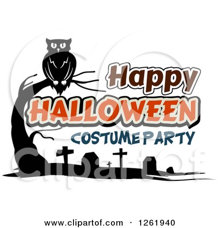 Clipart of a Perched Owl over a Cemetery and Happy Halloween Costume Party Text - Royalty Free Vector Illustration by Vector Tradition SM