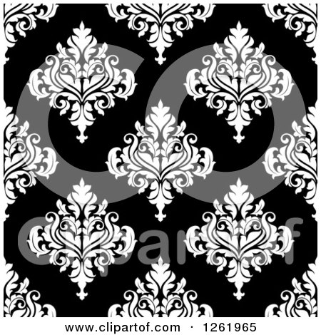 Clipart of a Seamless Background Pattern of White Damask Floral on Black - Royalty Free Vector Illustration by Vector Tradition SM