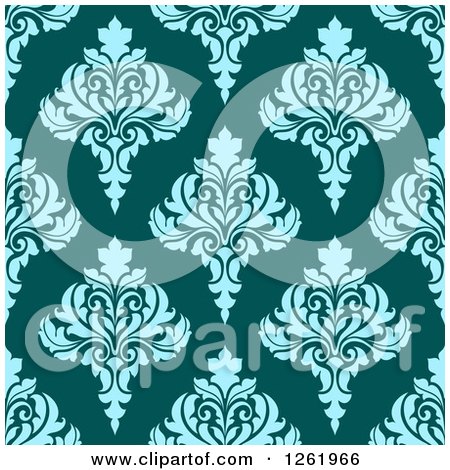 Clipart of a Seamless Background Pattern of Blue Damask Floral on Teal - Royalty Free Vector Illustration by Vector Tradition SM