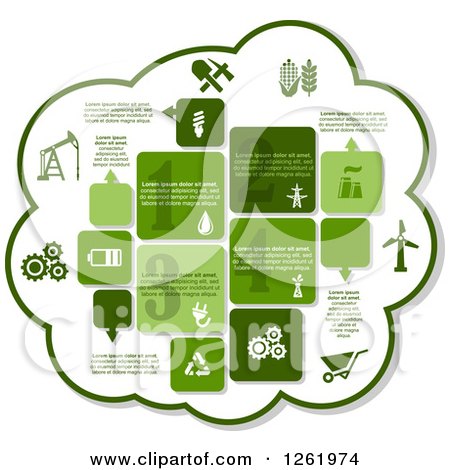 Clipart of a Green Cloud Industrial Infographics Design with Oil Pump, Energy Saving Lamp, Drop, Factory Pipe, Electric Plug, Oil Rig, Battery, Gear, Cart, Wind Engine and Eco Recycle Sign - Royalty Free Vector Illustration by Vector Tradition SM