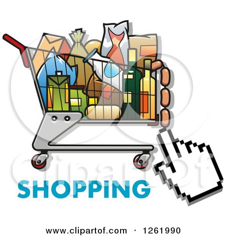 Clipart of a Hand Cursor over a Shopping Cart Full of Groceries and Text - Royalty Free Vector Illustration by Vector Tradition SM