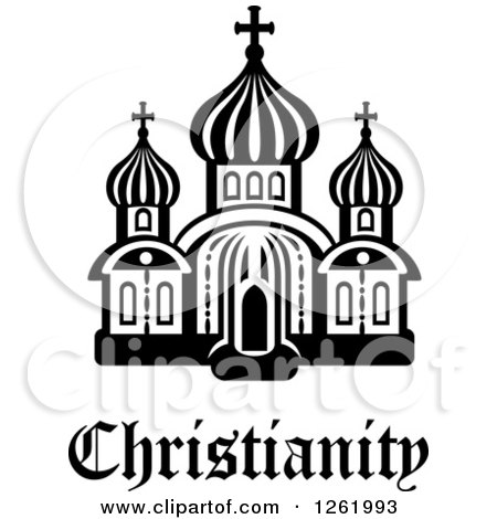 Clipart of a Black and White Church over Christianity Text - Royalty Free Vector Illustration by Vector Tradition SM