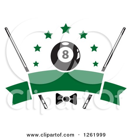 Clipart of a Billiards Pool Eightball with Stars, Cue Sticks and a Bow over a Blank Green Banner - Royalty Free Vector Illustration by Vector Tradition SM