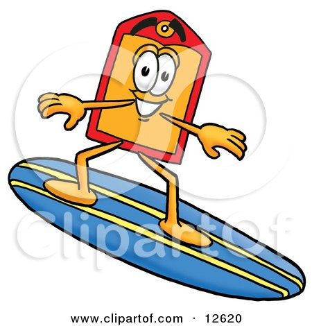 Clipart Picture of a Price Tag Mascot Cartoon Character Surfing on a Blue and Yellow Surfboard by Mascot Junction