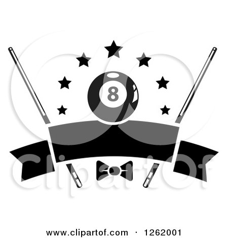 Clipart of a Black and White Billiards Pool Eightball with Stars, Cue Sticks and a Bow over a Blank Banner - Royalty Free Vector Illustration by Vector Tradition SM