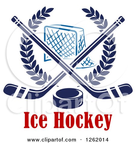 Clipart of a Hockey Goal Net in a Laurel Wreath with Crossed Sticks and a Puck over Text - Royalty Free Vector Illustration by Vector Tradition SM