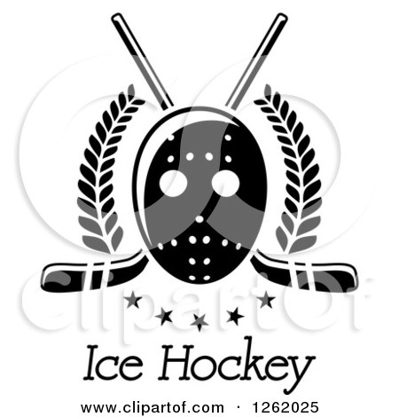 Clipart of a Black and White Hockey Mask over Crossed Sticks, Laurels, Stars and Text - Royalty Free Vector Illustration by Vector Tradition SM