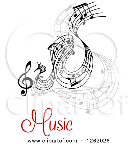 Clipart of Grayscale Flowing Music Notes over Text - Royalty Free Vector Illustration by Vector Tradition SM