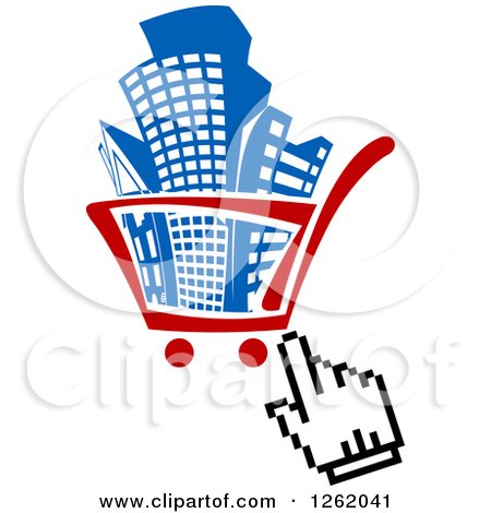 Clipart of a Hand Cursor over a Shopping Cart Full of Buildings - Royalty Free Vector Illustration by Vector Tradition SM