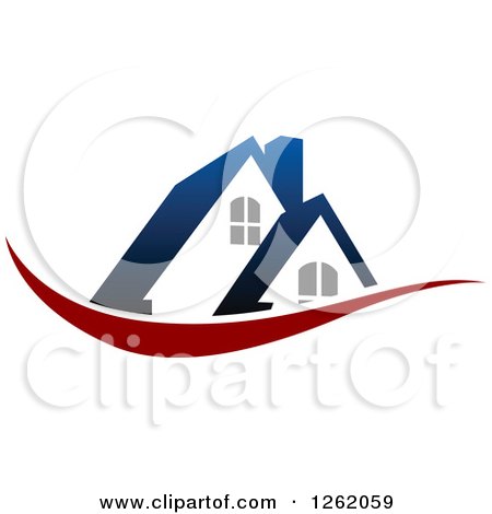 Clipart of a House with a Blue Roof over a Red Swoosh - Royalty Free Vector Illustration by Vector Tradition SM