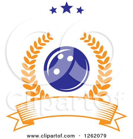Clipart of a Blue Bowling Ball in a Laurel Wreath over a Blank Banner Under Stars - Royalty Free Vector Illustration by Vector Tradition SM