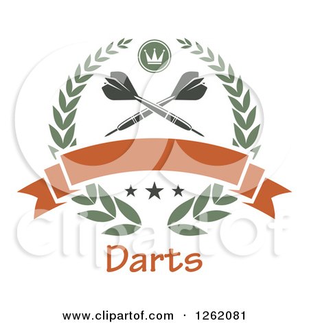 Clipart of Crossed Throwing Darts in a Laurel Wreath with a Crown Stars and Blank Banner over Text - Royalty Free Vector Illustration by Vector Tradition SM