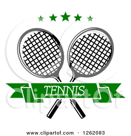Clipart of Crossed Tennis Rackets with Green Stars and a Text Banner - Royalty Free Vector Illustration by Vector Tradition SM