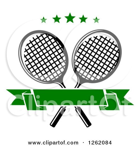 Clipart of Crossed Tennis Rackets with Green Stars and a Blank Banner - Royalty Free Vector Illustration by Vector Tradition SM
