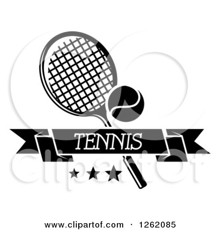 Clipart of a Black and White Tennis Racket and Ball with Stars and a Text Banner - Royalty Free Vector Illustration by Vector Tradition SM