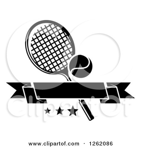 Clipart of a Black and White Tennis Racket and Ball with Stars and a Blank Banner - Royalty Free Vector Illustration by Vector Tradition SM