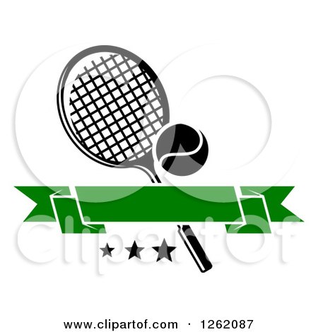 Clipart of a Tennis Racket and Ball Withstars and a Green Blank Banner - Royalty Free Vector Illustration by Vector Tradition SM
