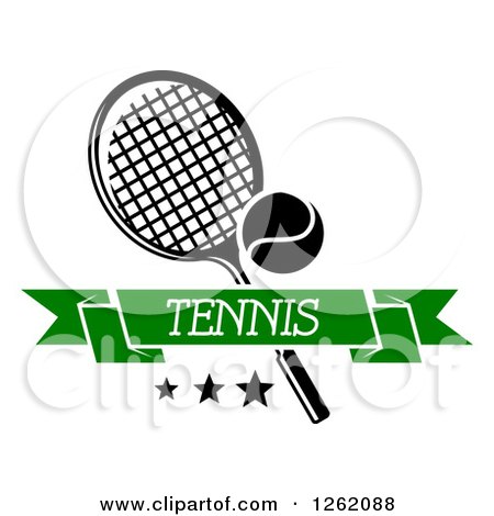 Clipart of a Tennis Racket and Ball with Stars and a Green Banner - Royalty Free Vector Illustration by Vector Tradition SM