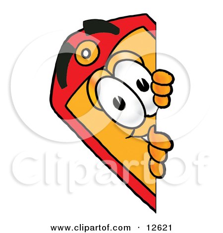 Clipart Picture of a Price Tag Mascot Cartoon Character Peeking Around a Corner by Mascot Junction