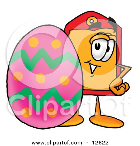 Clipart Picture of a Price Tag Mascot Cartoon Character Standing Beside an Easter Egg by Mascot Junction