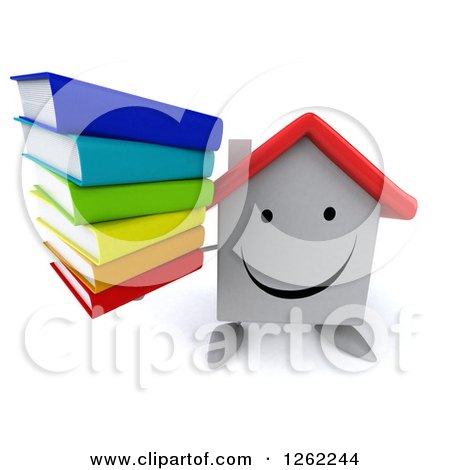 Clipart of a 3d Happy White House Character Holding a Stack of Books - Royalty Free Illustration by Julos