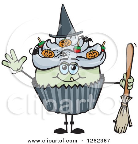 Clipart of a Witch Halloween Holiday Cupcake Holding a Broom - Royalty Free Vector Illustration by Dennis Holmes Designs