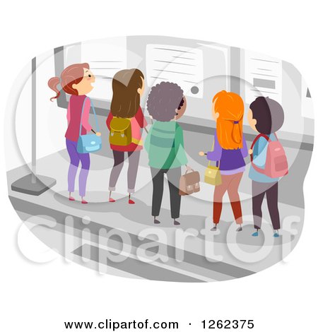 Clipart of a Group of Students Gathered at a Bulletin Board - Royalty Free Vector Illustration by BNP Design Studio