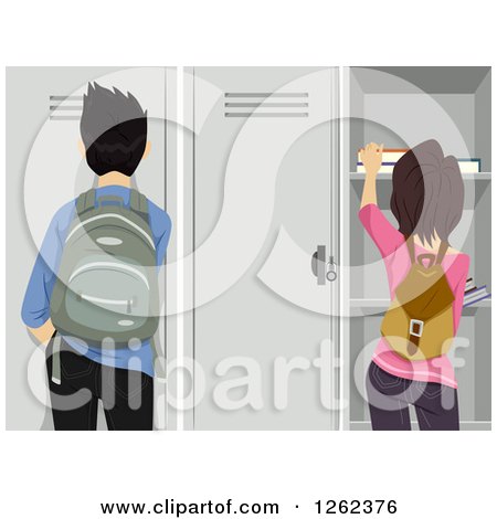 Clipart of a Rear View of a High School Guy and Girl at Their Lockers - Royalty Free Vector Illustration by BNP Design Studio