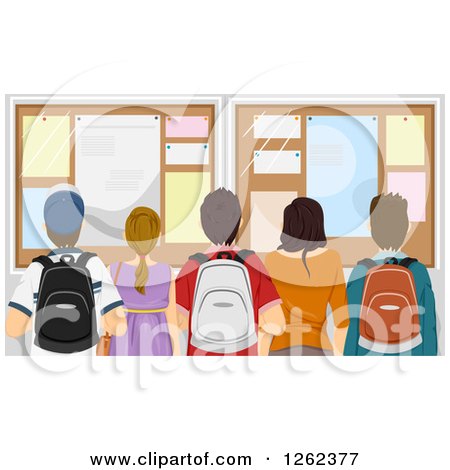 Clipart of a Rear View of High School Students at a Bulletin Board - Royalty Free Vector Illustration by BNP Design Studio