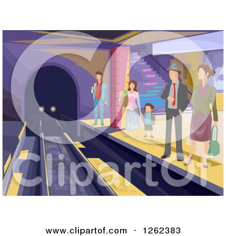 Clipart of People Waiting to Board a Train in a Subway Station - Royalty Free Vector Illustration by BNP Design Studio