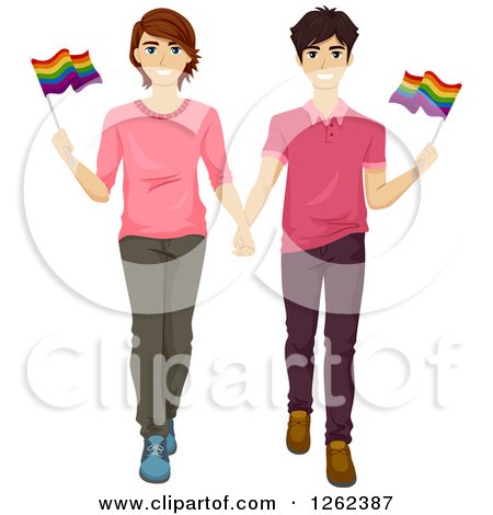 Clipart of a Happy Gay Couple Waving Flags in a Gay Pride March - Royalty Free Vector Illustration by BNP Design Studio