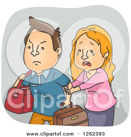 Clipart of a Crying Woman Trying to Stop Her Husband from Leaving - Royalty Free Vector Illustration by BNP Design Studio