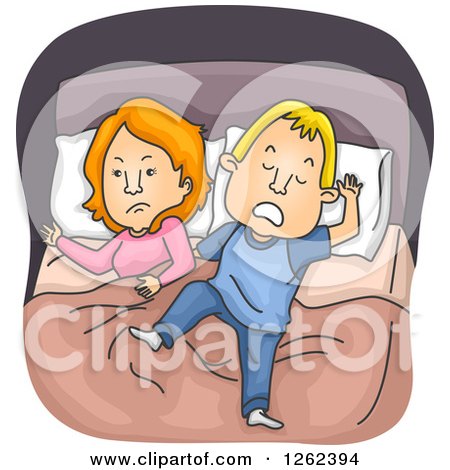 Clipart of a Caucasian Husband Sleeping and Touching His Irritated Wife in Bed - Royalty Free Vector Illustration by BNP Design Studio