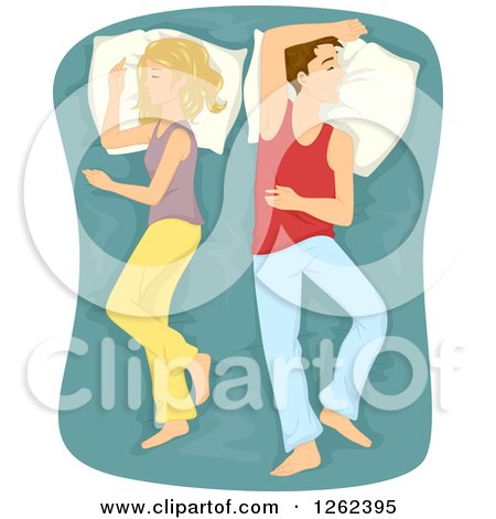 Clipart of a Young Caucasian Couple Sleeping with Their Backs to Each Other - Royalty Free Vector Illustration by BNP Design Studio