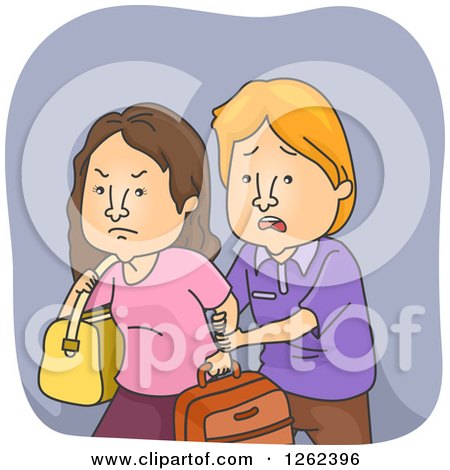 Clipart of a Sad Husband Trying to Stop His Wife from Leaving - Royalty Free Vector Illustration by BNP Design Studio