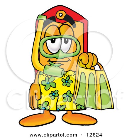 Clipart Picture of a Price Tag Mascot Cartoon Character in Green and Yellow Snorkel Gear by Mascot Junction