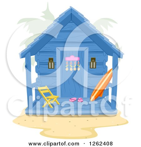Clipart of a Beach Hut with a Surfboard on the Porch - Royalty Free Vector Illustration by BNP Design Studio