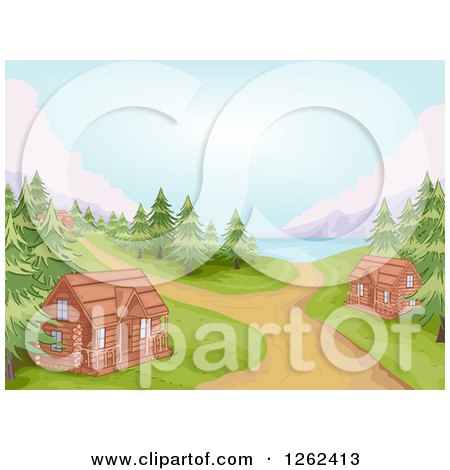 Clipart of a Campground with Log Cabins and a Lake - Royalty Free Vector Illustration by BNP Design Studio