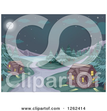 Clipart of a Campground with Log Cabins and a Lake at Night - Royalty Free Vector Illustration by BNP Design Studio