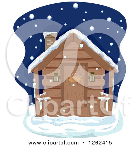 Clipart of a Log Cabin on a Winter Night - Royalty Free Vector Illustration by BNP Design Studio