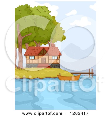 Clipart of a Lake Front Cabin with a Boat and Dock - Royalty Free Vector Illustration by BNP Design Studio