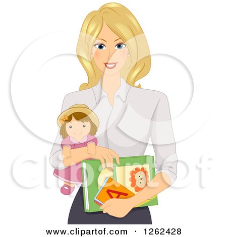 Clipart of a Blond White Daycare Worker Woman Holding a Doll and Books - Royalty Free Vector Illustration by BNP Design Studio