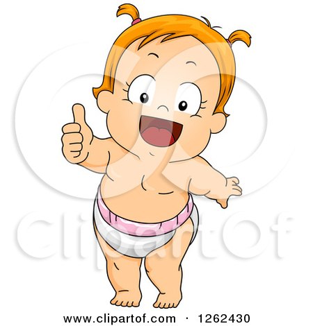 Clipart of a Red Haired White Toddler Girl in a Diaper, Giving a Thumb up - Royalty Free Vector Illustration by BNP Design Studio
