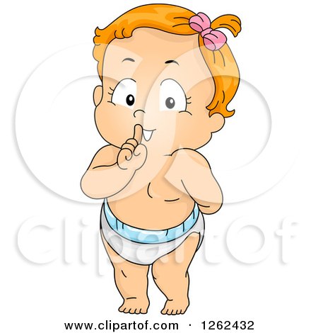 Clipart of a Red Haired White Toddler Girl in a Diaper, Gesturing to Be Quiet - Royalty Free Vector Illustration by BNP Design Studio