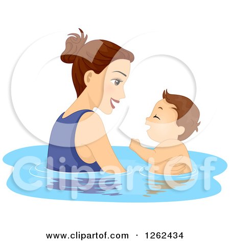 Clipart of a Caucasian Mother Swimming with Her Toddler Son - Royalty Free Vector Illustration by BNP Design Studio