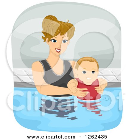 Clipart of a Blond Caucasian Mother Swimming with Her Baby Son - Royalty Free Vector Illustration by BNP Design Studio