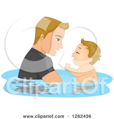 Clipart of a Blond Caucasian Father Swomming with His Baby Son - Royalty Free Vector Illustration by BNP Design Studio